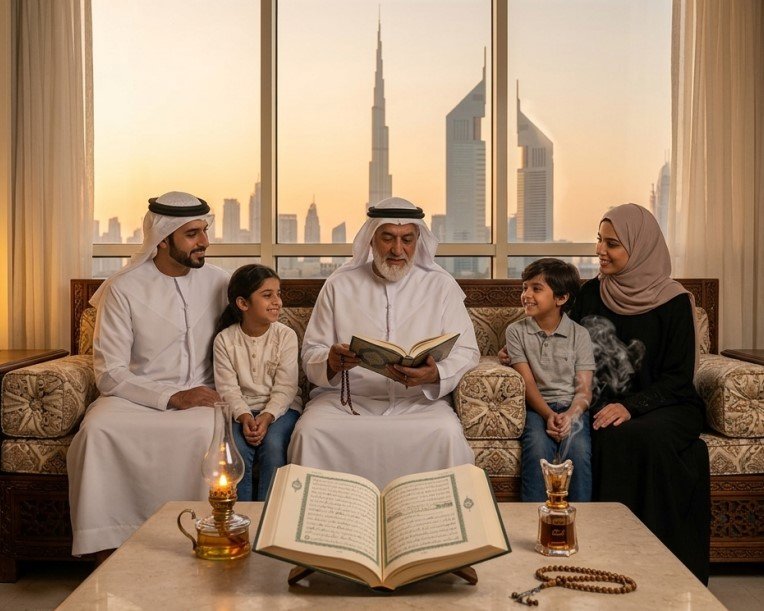 مشهد دافئ لمجلس إماراتي تقليدي يطل على دبي عند الغروب، حيث يستمع عائلة بابتسامة وخشوع إلى شيخ روحاني فى الإمارات يقرأ عليهم القرآن الكريم. يظهر الشيخ في المنتصف وبجواره فوانيس ومسبحة على الطاولة.