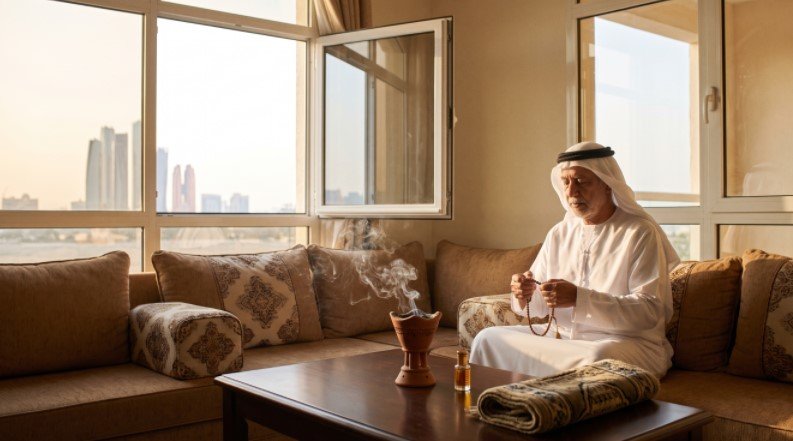 رجل إماراتي في منزل هادئ ومضاء بالشمس، يطبق خطوات تحصين مستمر وفك السحر والحسد في ابو ظبي بسلام.