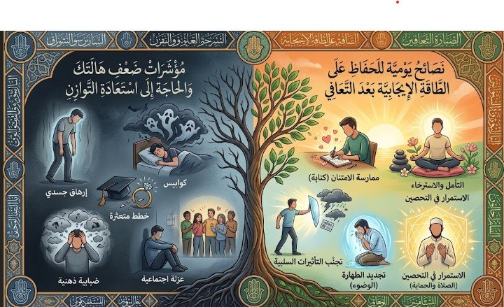 مقارنة بصرية بين علامات استنزاف الطاقة النفسية وعادات التحصين اليومي لاستعادة التوازن.