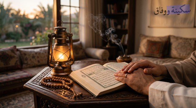أجواء روحانية هادئة ومسبحة ترمز للسكينة والتوافق ضمن خطوات شيخ روحاني لجلب الحبيب وإصلاح ذات البين.