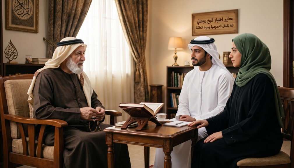 شيخ روحاني ثقة يقدم استشارة لزوجين في بيئة هادئة لضمان سرية العائلة واستعادة الاستقرار