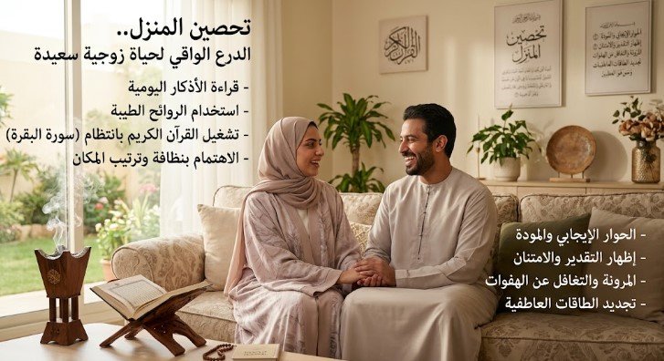 تحصين المنزل.. الدرع الواقي لحياة زوجية سعيدة، ويظهر في الصورة زوجان مسلمان يجلسان بسعادة في غرفة المعيشة محاطين بوسائل تحصين البيت مثل البخور والمصحف.