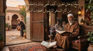شيخ روحاني مغربي يقرأ كتاباً مع مبخرة، وامرأة ترش الماء في ساحة المنزل، مع عنوان يوضح كيفية التخلص من السحر المرشوش.