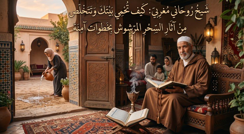 شيخ روحاني مغربي يقرأ كتاباً مع مبخرة، وامرأة ترش الماء في ساحة المنزل، مع عنوان يوضح كيفية التخلص من السحر المرشوش.