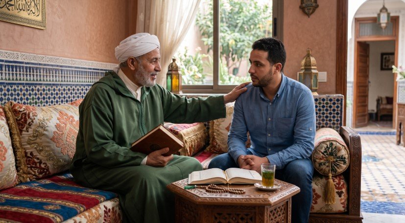 "صورة لشيخ مغربي حكيم في مجلس تقليدي يواسي شاباً قلقاً، وبجوارهما المصحف الشريف وكوب شاي. المشهد يجسد دور التوجيه الديني الرشيد في تبديد القلق، وتجاوز الأفكار السلبية، لتحقيق السكينة والاستقرار الأسري."