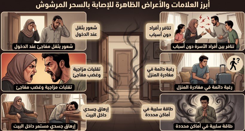 "إنفوجرافيك يوضح أعراض 'السحر المرشوش'، يعرض باب منزل تتصاعد من عتبته أبخرة داكنة، وتحيط به 6 مشاهد توضح الأعراض التالية: الشعور بثقل عند الدخول، شجارات أسرية غير مبررة، غضب مفاجئ، رغبة في مغادرة المنزل، إرهاق جسدي مستمر، والإحساس بطاقة سلبية في المكان."
