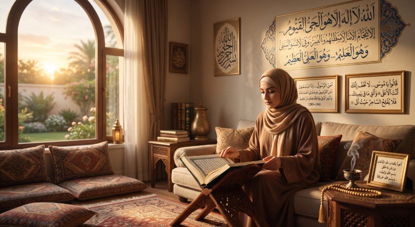 "امرأة تجلس في غرفة معيشة وقت الغروب وتقرأ من مصحف مفتوح على حامل. يزين الجدار خلفها لوحات خط عربي تتضمن آية الكرسي وآيات قرآنية للتحصين، وبجوارها مبخرة للعود وإطار صغير يحمل دعاء للحفظ."