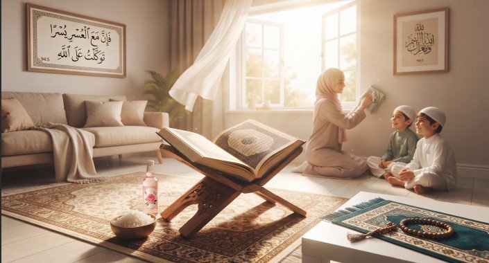 مشهد عائلي دافئ داخل غرفة معيشة مضيئة بنور الشمس، حيث تجلس أم وطفلاها بالقرب من نافذة، ويتوسط المكان مصحف مفتوح على حامل خشبي.