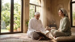 شيخ يقرأ القرآن الكريم لشخص يشعر بالطمأنينة والشفاء الروحاني في غرفة مليئة بضوء الشمس.