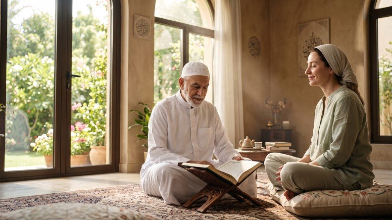 شيخ يقرأ القرآن الكريم لشخص يشعر بالطمأنينة والشفاء الروحاني في غرفة مليئة بضوء الشمس.