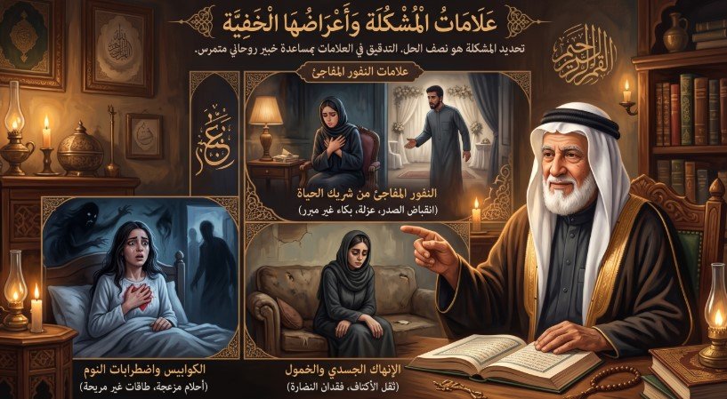 "صورة لشيخ روحاني يشرح الأعراض الخفية (النفور، الإرهاق، الكوابيس) مدعومة بمشاهد تعبيرية ونصوص عربية."