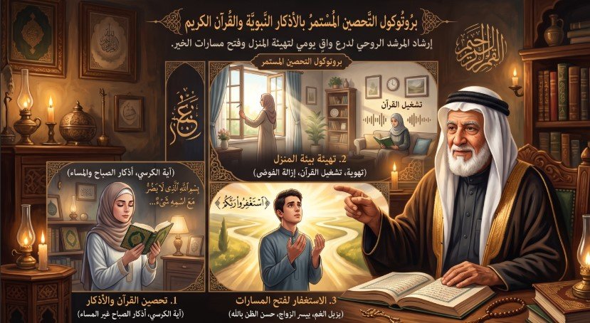 "رسم توضيحي لشيخ روحاني يشرح خطوات التحصين الثلاث: قراءة القرآن، ترديد الأذكار، وتهيئة بيئة المنزل، مدعوماً بمشاهد تعبيرية."