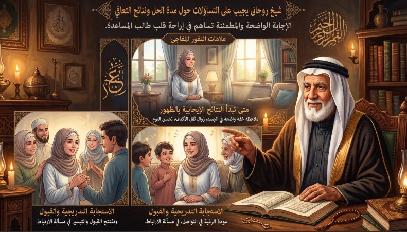شيخ روحاني يجلس أمام كتاب مفتوح، مع مشاهد مصغرة تظهر أشخاصاً وعائلات يشعرون بالراحة والتآلف. تتضمن الصورة نصوصاً تشرح علامات بدء التعافي، الشعور بالراحة النفسية والجسدية، وتيسير أمور الارتباط.