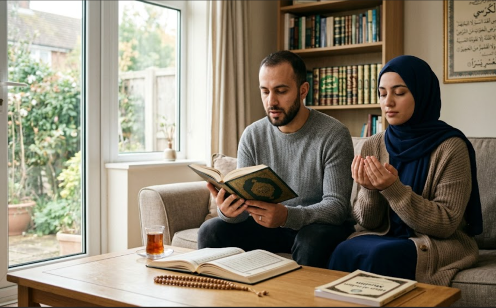 زوجان مسلمان يجلسان في غرفة معيشة، الرجل يقرأ القرآن والمرأة تدعو، مما يعبر عن السكينة الروحية والتحصين الشامل والوقاية من السحر والحسد.