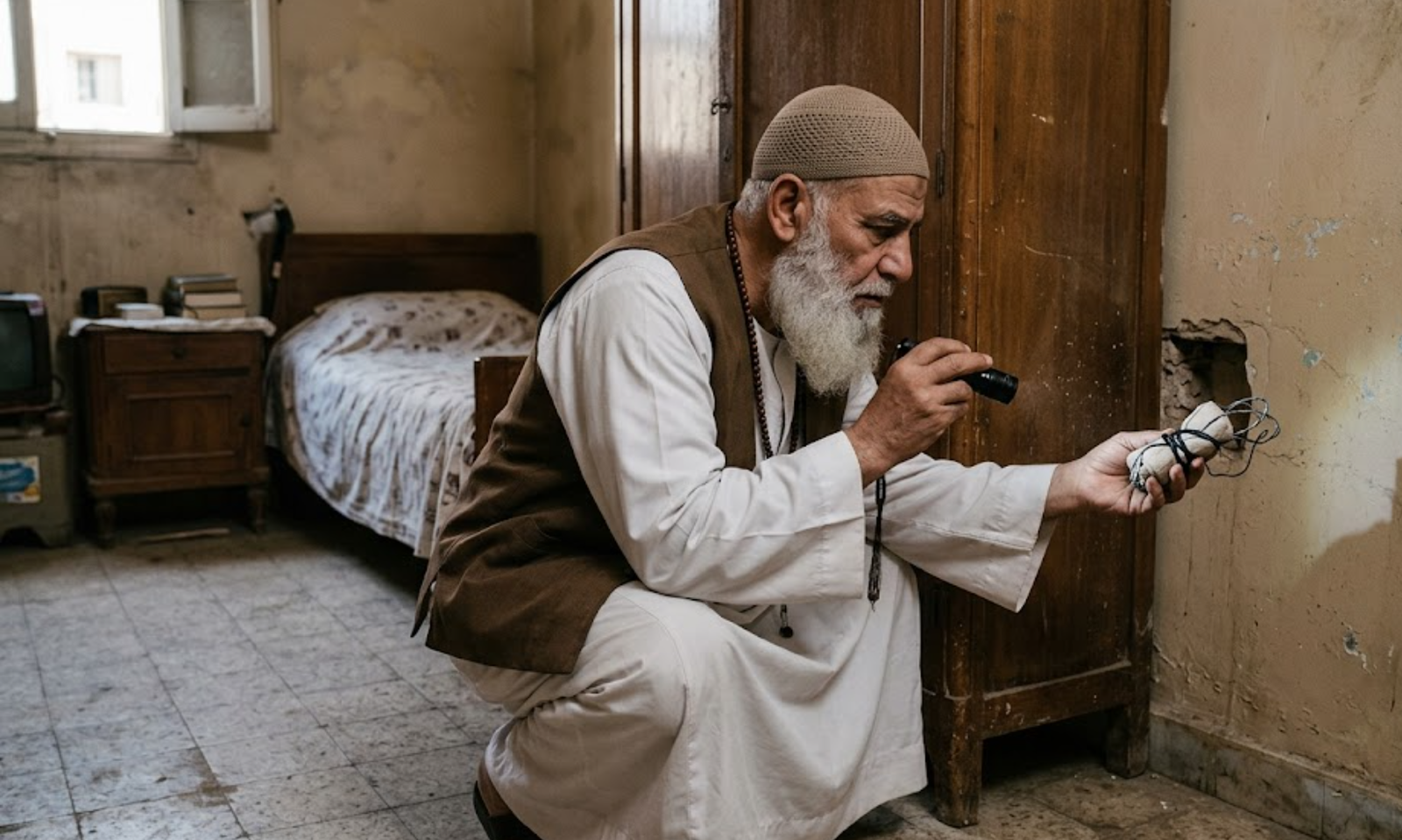 شيخ روحاني يفتش في جدار الغرفة ليكشف مكان السحر في البيت