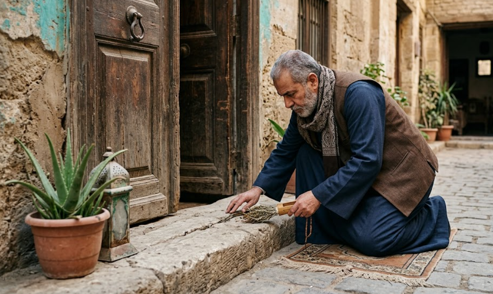شيخ روحاني يفحص عتبة باب منزل قديم بدقة للبحث عن آثار السحر المرشوش، كجزء من فحص التغيرات الغريبة والخلافات الأسرية